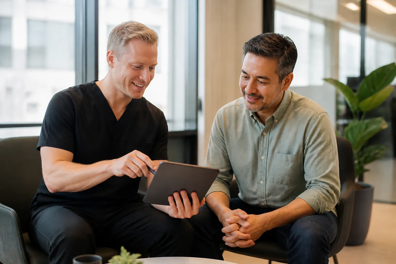 Workplace results review with presenter in black scrubs